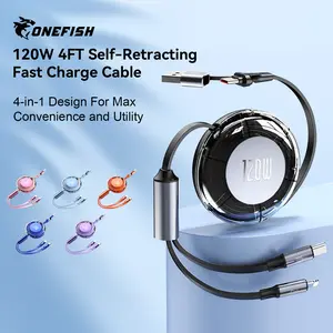 ONEFISH 4-In-1 Retractable Data Cable, Convenient storage,Fast Charging Data Cable, Universal 100w USB Cable Compatible With iPhone 16 15 14 Pro Max Huawei Samsung, Smartphone Accessories