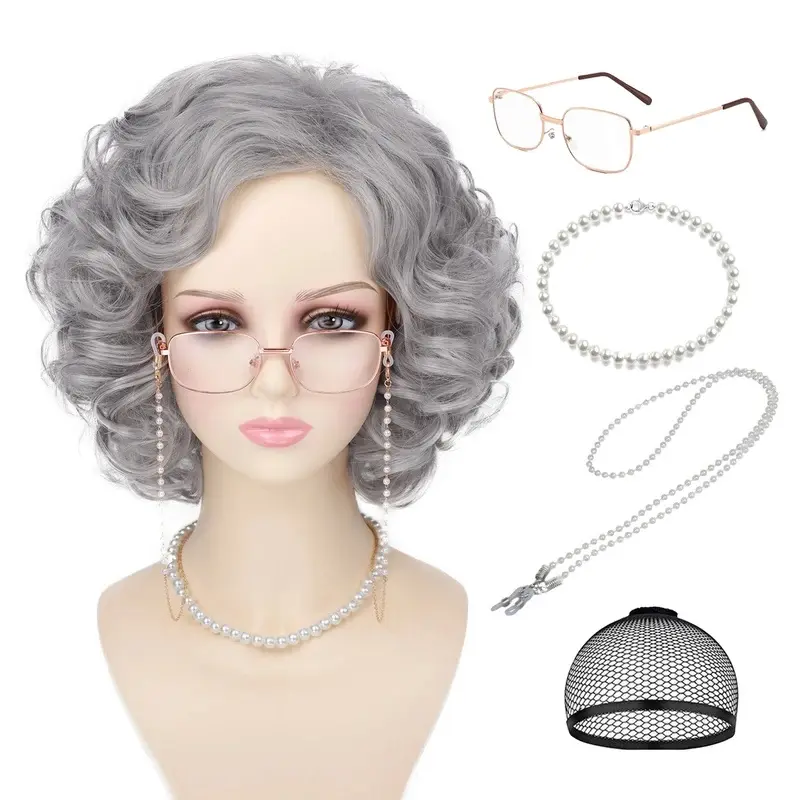 New Synthetic Hair 5PC Accessories Old Lady Women Wig Short Curly Gray Granny Machine Made Cosplay Costume Halloween Party Daily Use