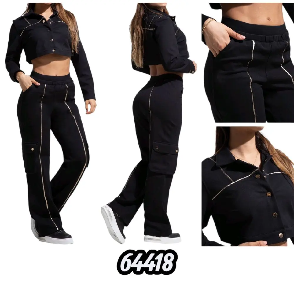 Set Colombian Pants with Jaket Rhinestones, Casual Slim-Fitting, Machine Washable, Summer Pants Top
