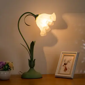 CNCEST 19.6'' Height Vintage Lily of The Valley Flower Table Lamp with Glass Shade, Nightstand LED, Eye-Protection Bedroom Lighting, Ambient Decoration Lamp, Atmosphere Lights with LED Bulb Light for Indoor Use