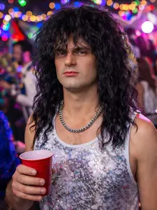 Men's 70s 80s Glam Rock Punk Style Wig, Long Curly Fiber Hair, Cool Halloween Costume Accessory, Party, Music Festival, Role Play