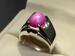 Natural 6 Carat Red Ruby Star Sterling Silver 925 Handmade Men's Plain Ring
