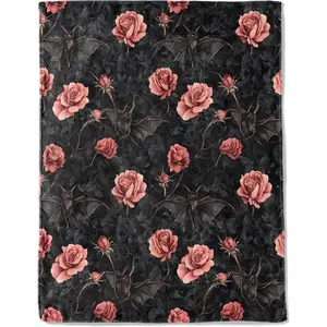 Gothic Bat and Rose Fleece Blanket - Lightweight Soft Cozy Gifts Throw for Goth Lovers, Kids,Women,Dark Romantic Black Blankets,Home Room Modern Halloween Decor Slim Soft One-Side Printing