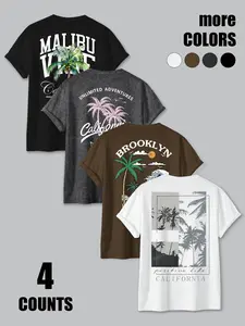 California Graphic T-Shirt 4-Pack - Malibu Brooklyn Beach Print Casual Tees