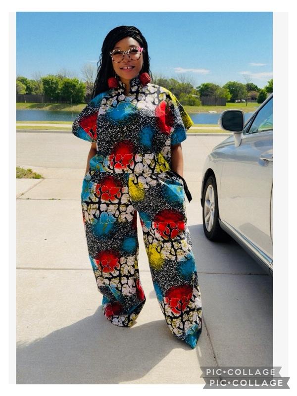 Vibrant ŌMŌGĚ 2 Piece Palazzo Ankara Fit for Women's Fashionable Womenswear Pants that comes with colorful matching handmade rattan earrings.