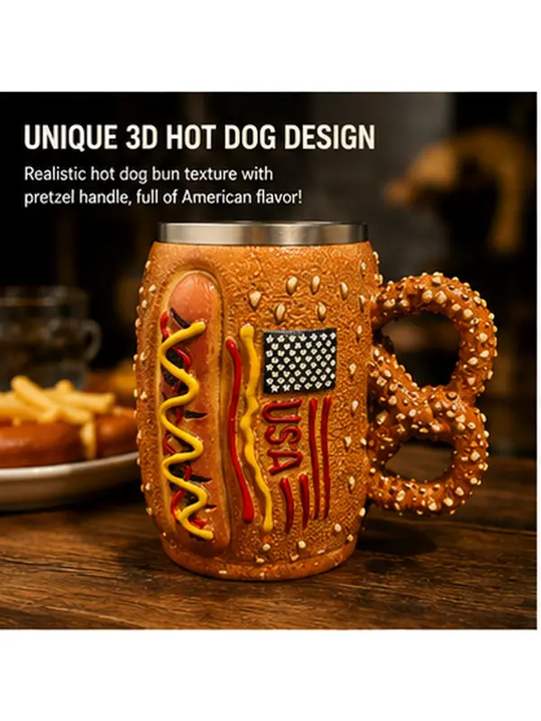 13-15oz Funny Hot Dog Beer Mug with Stainless Steel Liner, 3D Novelty Ceramic Mug with Pretzel Handle, USA Flag Coffee Mug for Beer, Coffee & Gifts