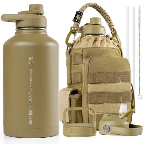 OneTigris Insulated Durable 64oz Stainless Steel Double-Wall Thermal Flask - Half-Gallon Water Bottle, Leak-Proof Seal with Silicone Guard, 2 Straws, 24h Hot Sips, Crossbody Carry Sports Drinkware for School