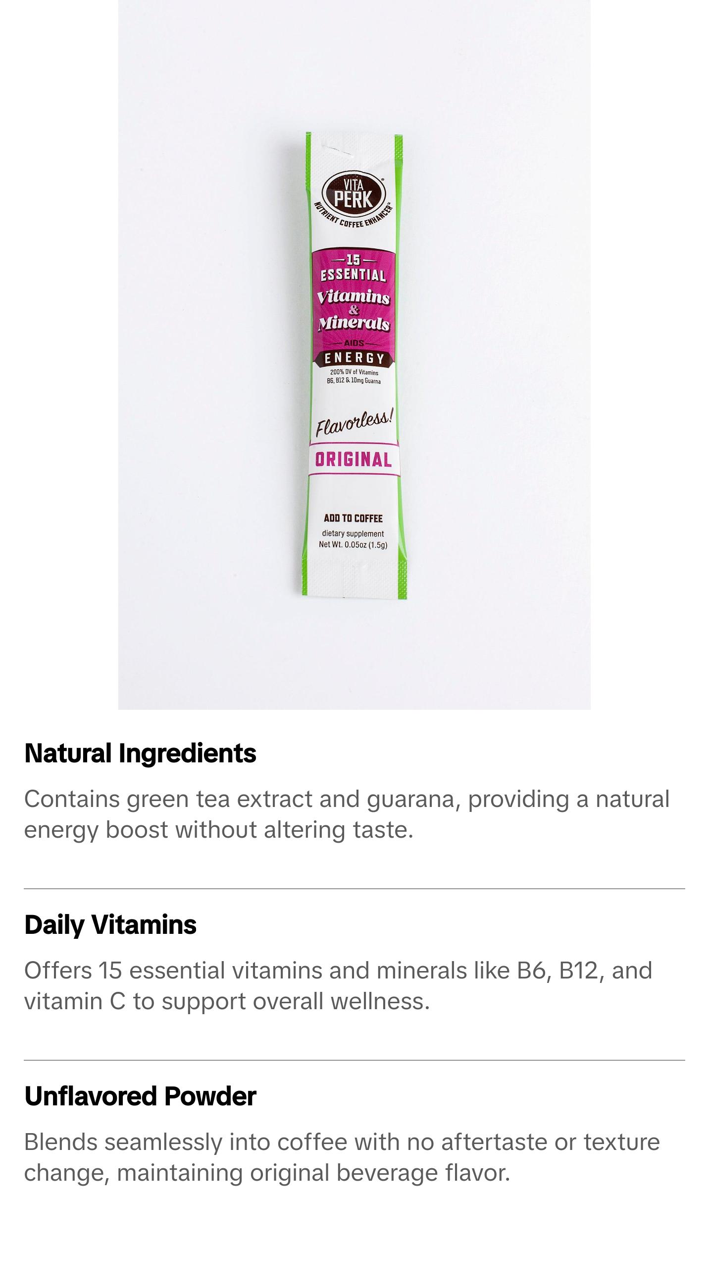 VitaPerk Energy Stickpacks – Natural Energy Enhancer with Green Tea & Guarana – Vitamins Supplement for Healthcare & Fitness – 30 Servings