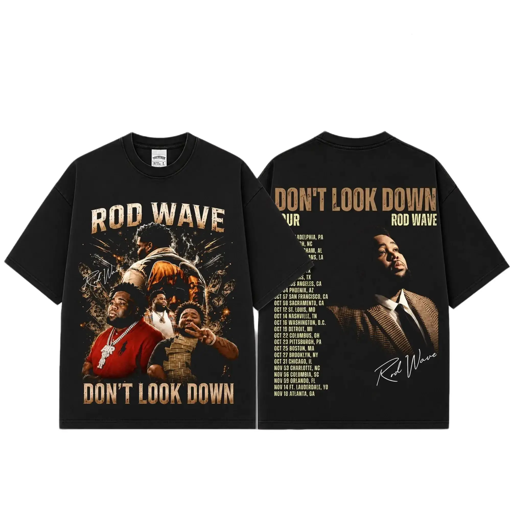 [FREE SHIP] Rod Wave Don’t Look Down Tour 2026 Premium Cotton T-Shirt, Black Gold Rap Collage Concert Fan Tee, Hip-Hop Soul Music Graphic Shirt, Tour Date Album Merch