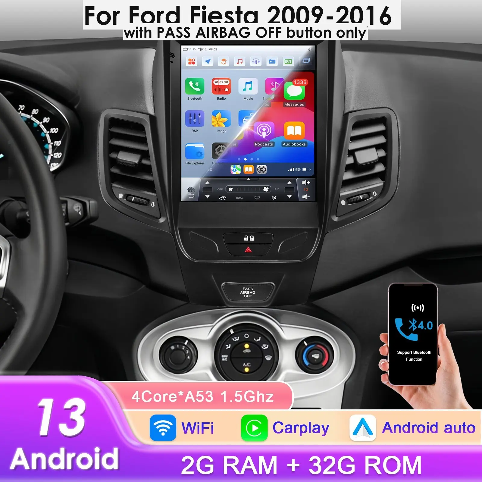[Hizpo] 9.7 Inch Android In-Car Media Player for Ford Fiesta MK7 2009-2016, Backlit Autoradio with CarPlay, RDS, GPS Navigation, WiFi, Mirror Link, Steering Wheel Control
