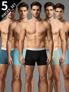 5-Pack Plain Men's Boxer Briefs, Comfortable Breathable Moisture-Wicking, Fashionable Elastic Four-Panel Underwear, All-Season Wear, Stretchy Underwear