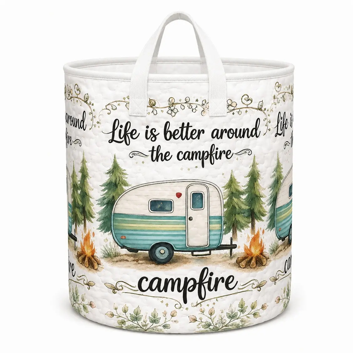 Campfire Camper Quilted Laundry Basket with Handles, Camping Storage Basket for Clothes, Toys, Towels & Blankets, Large Capacity Soft Home Organizer Tote for Bedroom, Bathroom, Nursery, Dorm & Laundry Room