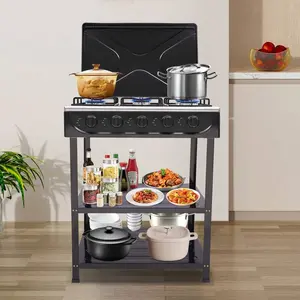 5-Burner Gas Stove Portable Outdoor Camping CookingBBQ Grill With 2-Tier Storage Rack Multifunctional ShelfHeavy Duty Stainless Steel Propane Gas Cooker withWind Blocking Cov