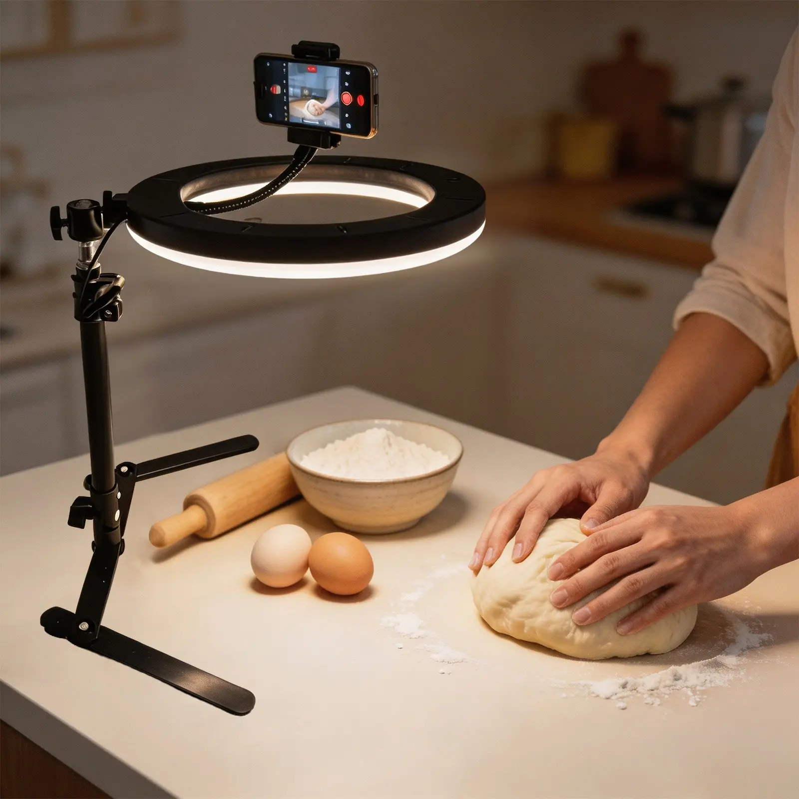 3 Color Dimmable Ring Light Overhead Phone Holder, Multi-Angle Adjustable Tripod Recording Equipment for Jewelry Package Document Shooting