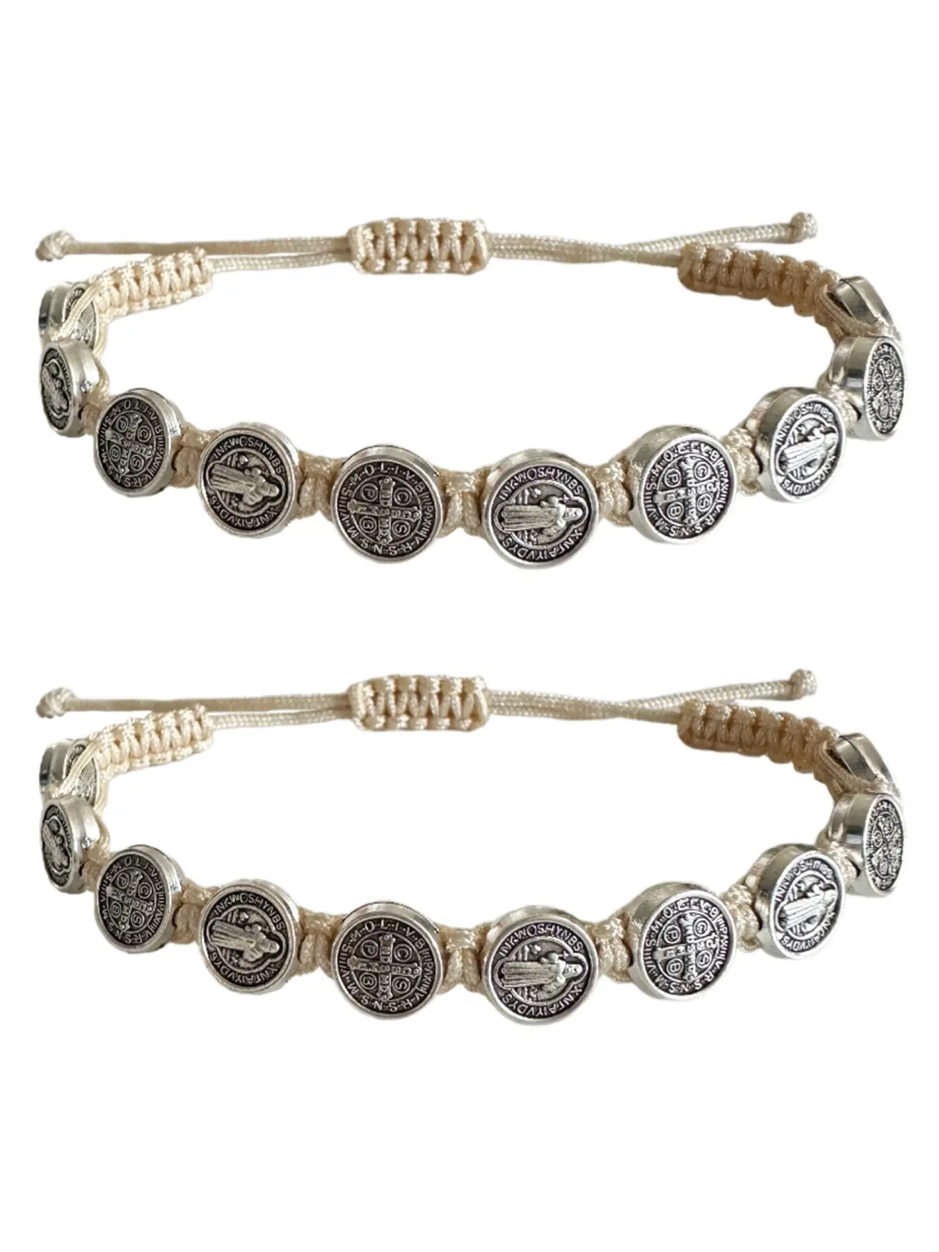 2PCS St Benedict Bracelets Set, Nature Color Nylon String Saint Benedict Rosary Bracelet, Catholic Gifts for Men & Women, Religious Jewelry, Rope Bracelet