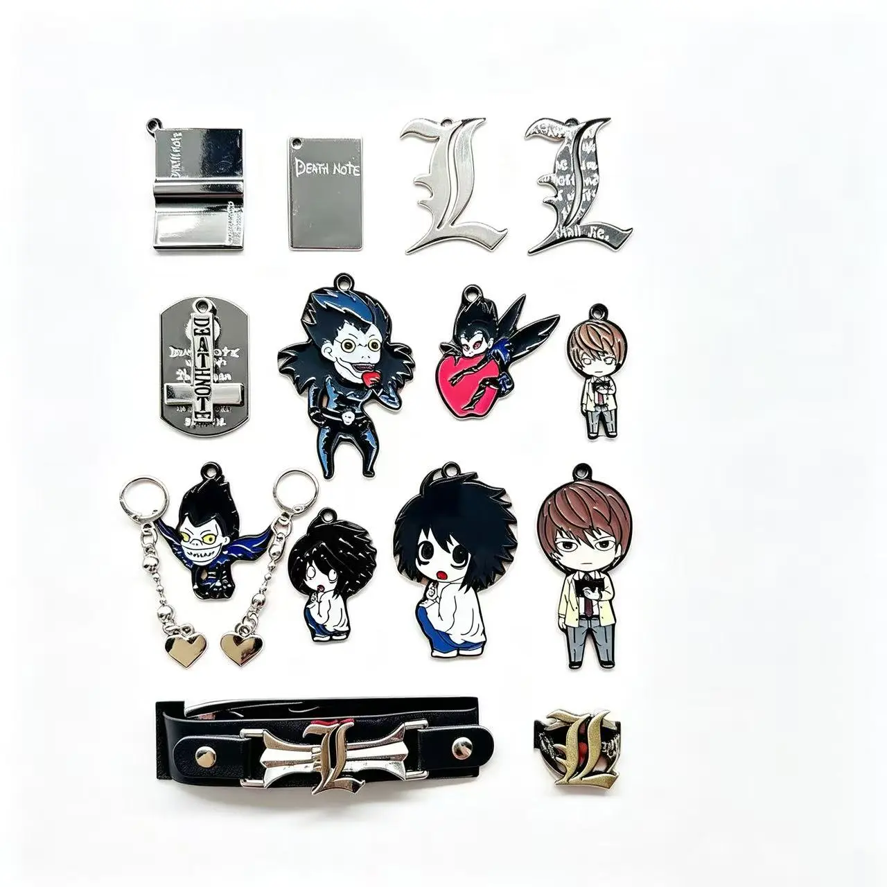 Anime Themed Alloy Pendant Set, 17-Piece Death Note Jewelry Collection with Figure Pendants, Charms Bracelet, and Ring, Figure Pendant
