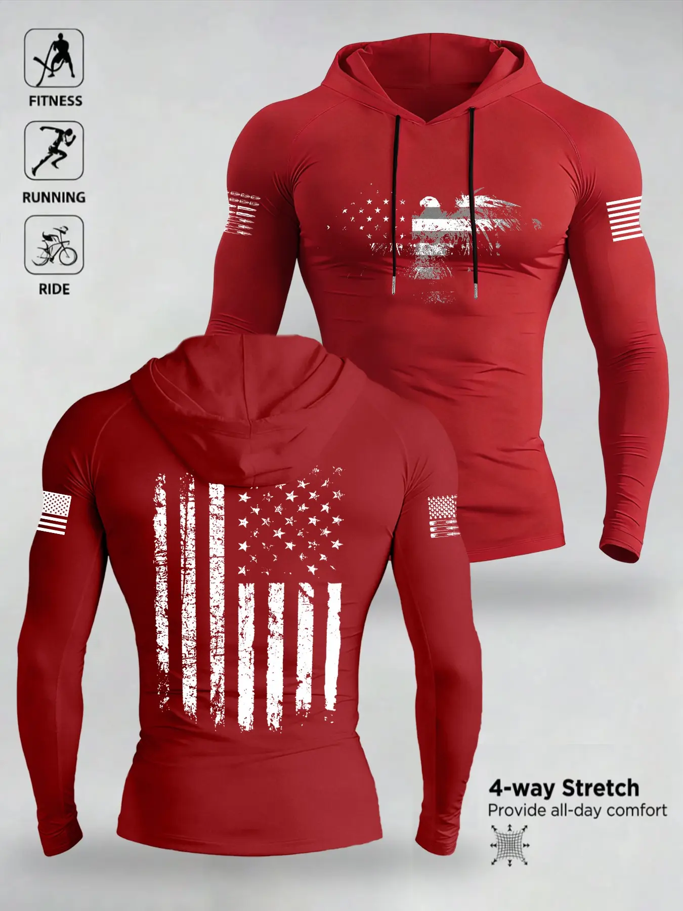 Men's Eagle Flag Print Hooded Long Sleeve T-Shirt, Comfortable Elastic Fabric, Outdoor Fitness Casual Wear, Spring & Fall