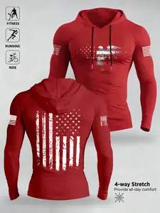 Men's Eagle Flag Print Hooded Long Sleeve T-Shirt, Comfortable Elastic Fabric, Outdoor Fitness Casual Wear, Spring & Fall