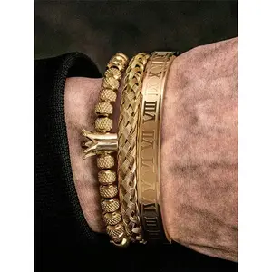 Men's Elegant Braided Bracelet, Fashionable Crown & Roman Numerals Decor Bracelet for Party, Daily Decor, Trendy All-match & Exquisite Jewelry for Birthday Gift