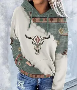 Women's Vintage Hoodies Western Boho Style Pullover Hoodie,Retro Ethnic Highland Bull Head Graphic Sweatshirts Long Sleeve Sweaters,Hooded Neck Hoodie for Women Casual Top