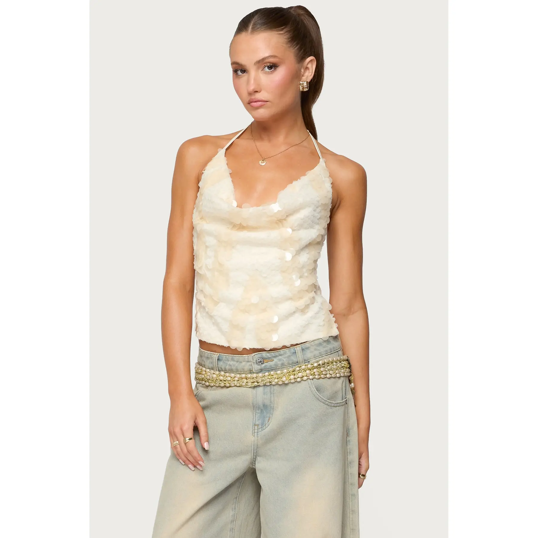 Reid Backless Sequin Cowl Neck Top