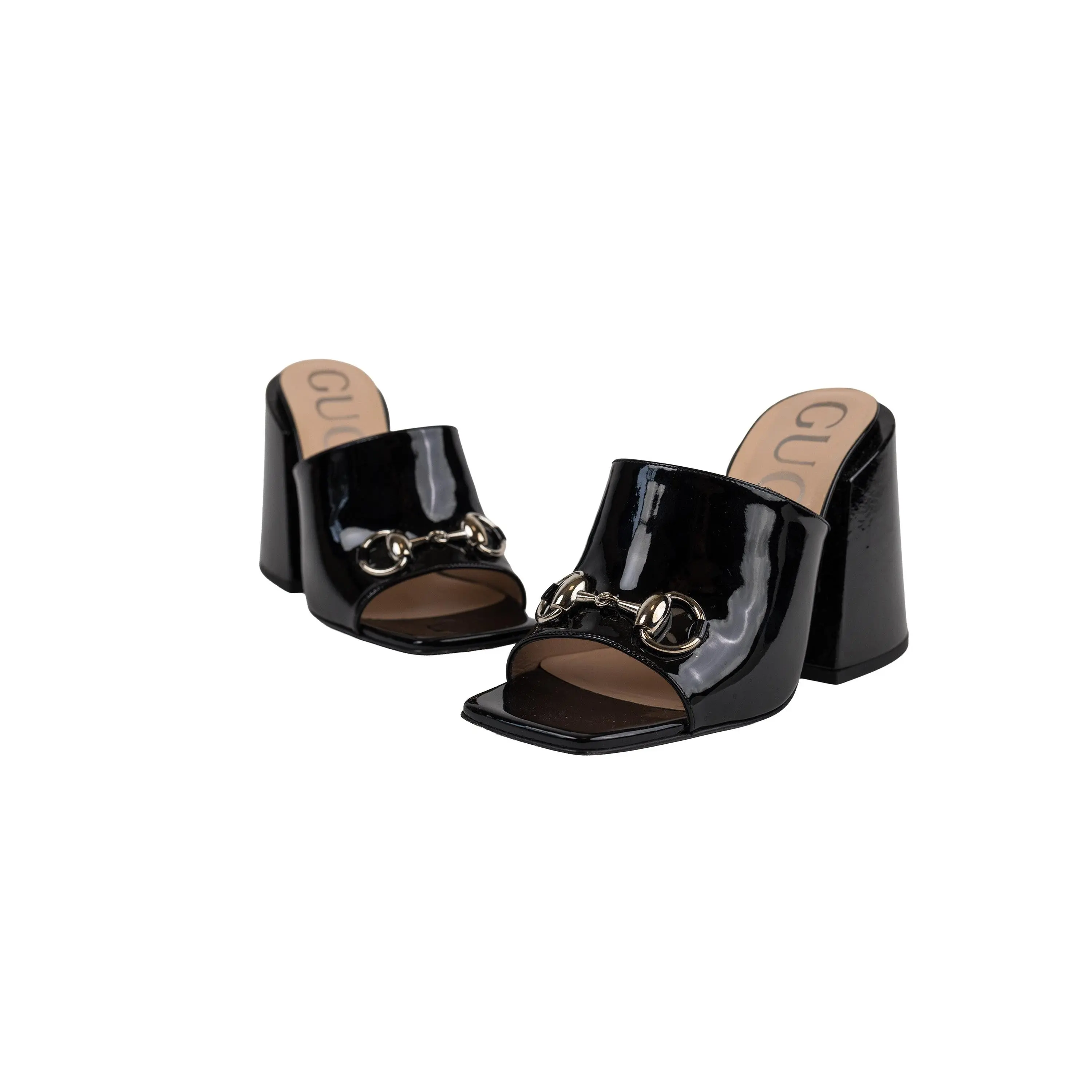 Gucci Black Patent Leather Horsebit Chunky Mules Size 35.5