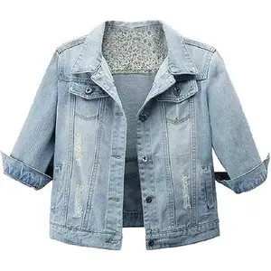 Women Autumn 3/4 Sleeve Retro Short Denim Jackets Light Blue Jean Coats Womenswear Fitted