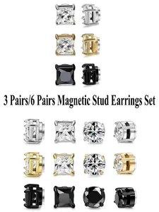 3 Pairs/6 Pairs Magnetic Stud Earrings for Men Women Stainless Steel CZ Unisex Magnet Earrings Set Hypoallergenic Non-Piercing Clip On Earrings Fake Earrings Jewelry Silver Gold Black Spring Statements 5-8MM