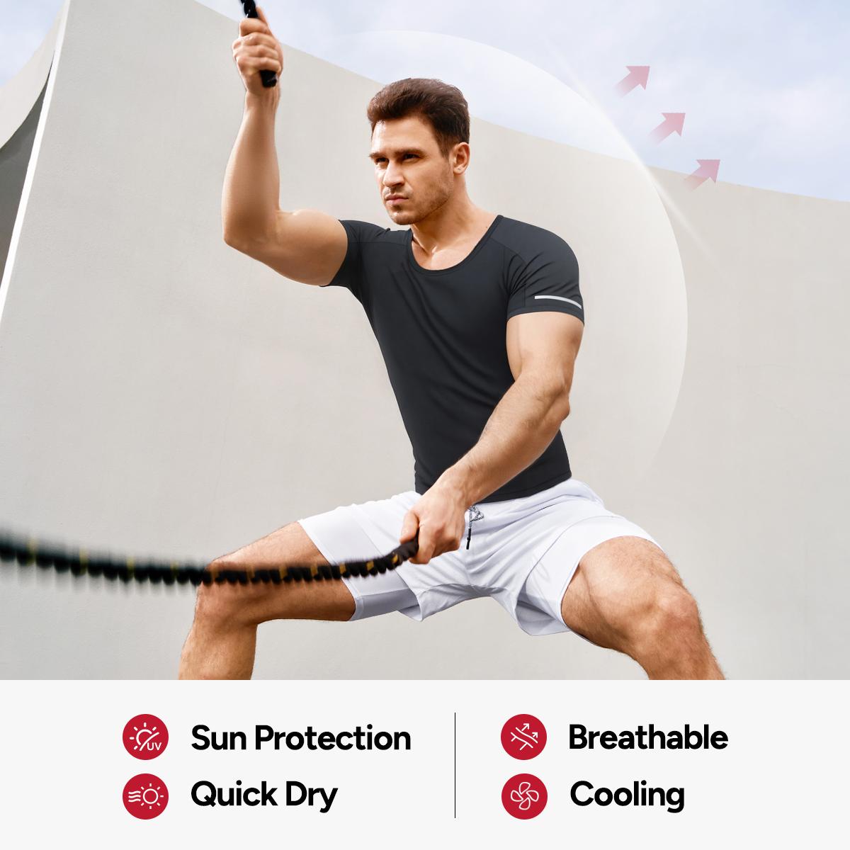 Nebility Men's Workout Shirts Quick Dry Moisture Wicking with Reflective Strips Lightweight Mesh Athletic Tees Comfortable Slim Round Neck for Running Gym Training Summer