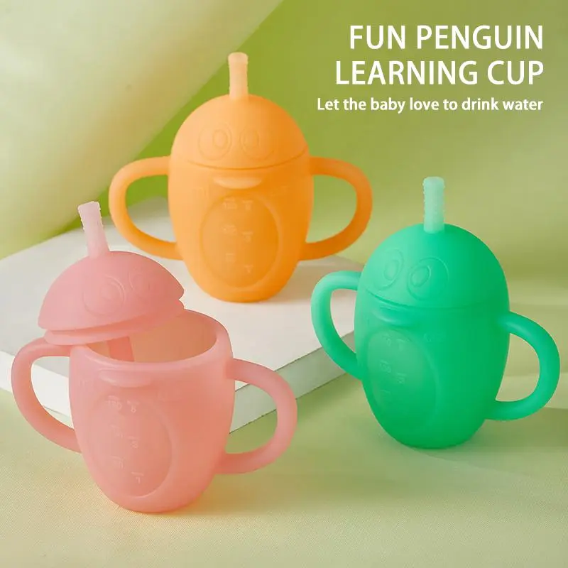 Silicone Toddler Training Cup with Straw and Grip Handle, Leak-Proof, BPA-Free & Drop-Resistant Design for Baby Hydration, Measurement Scale