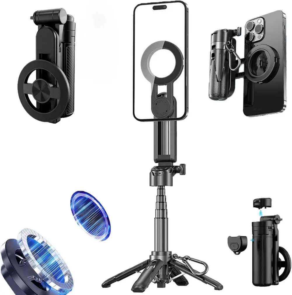 4-in-1 Metal MagSafe Magnetic Selfie Stick Tripod with Tripod Grip, 360° Rotatable Palm Size Folded Extendable Cellphone Stand, Remote Control, Ring & Wireless Remote for iPhone/Android Travel Vlogging