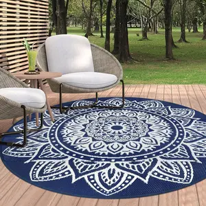 6 Ft Round Outdoor Rug, Boho Round Patio Rug , Outdoor Plastic Straw Rug Camping Rug RV Rugs for Outside Lightweight Portable Reversible Outdoor Carpet for Patio Backyard Porch