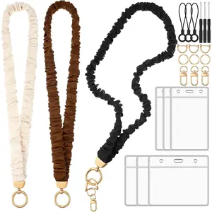 Stretchy Scrunchie Lanyards for ID Badges, Neck Lanyard with Card Holder for Women Teacher Nurse, Perfect for Office School Hospital Cruise, Neutral Colors