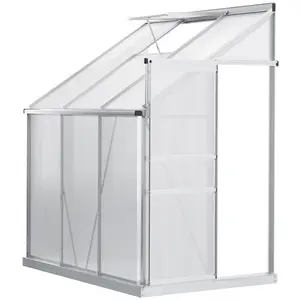 6' x 4' Lean-to Polycarbonate Greenhouse – Clear. Aluminum Alloy Frame + Galvanized Steel Base + 4 Stakes. Polycarbonate Panels (UV Protection). Sliding Door + 5-Level Window + Rain Gutter
