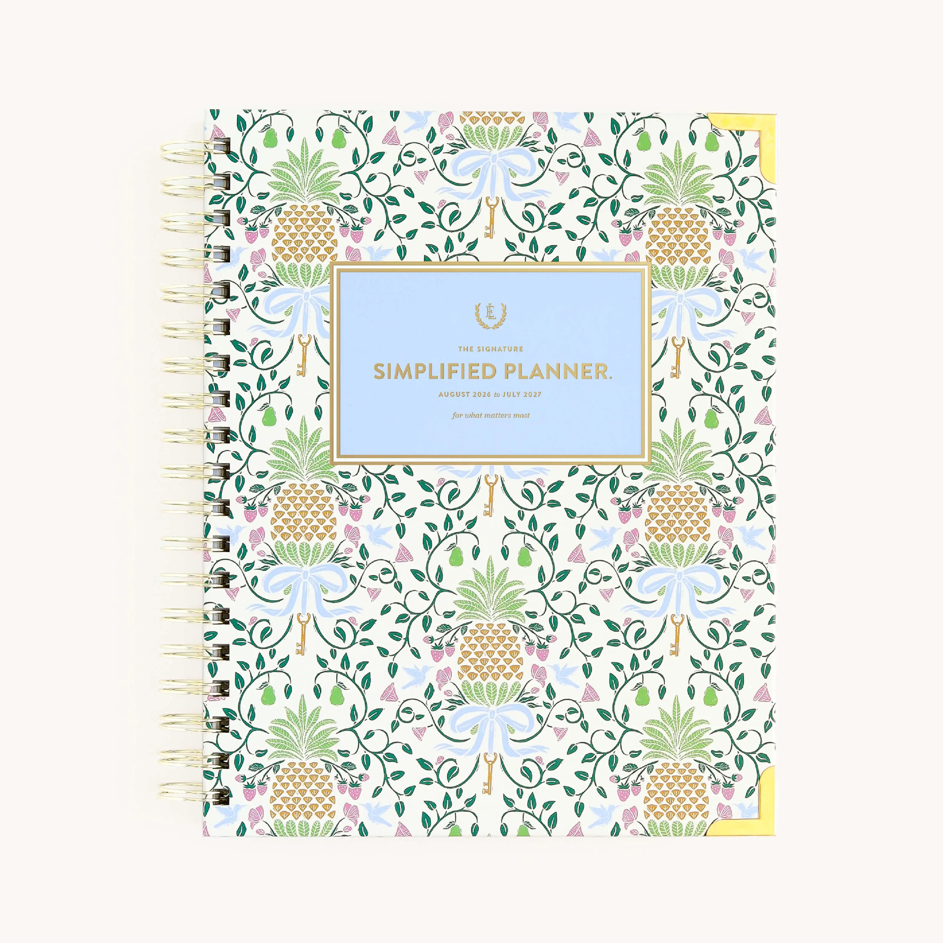 2026-2027 Spiral-Bound Planner Calendar Notebook - Clean Weekly Layout Productivity Organizer with Colorful Sticker Pages, Gold Wire-O Binding, Interior Pocket, Pineapple Charm for Office Stationery Supplies