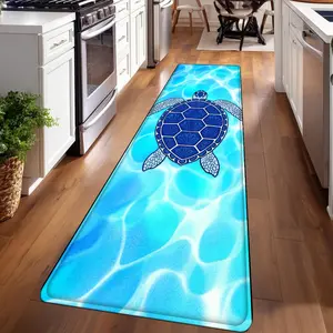 1PC， Blue and White Sea Turtle Water Pattern strip rugs, home décor, bathroom mats, entryway mats, bathroom non-slip mats, indoor entrance rugs, bedroom bedside mats, kitchen mats, hallway rugs, flannel sponge rugs, hallway runner rugs