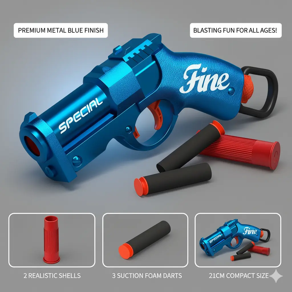 Ine Brand Tactical Foam Revolver Blue Metallic Body 2x 21cm Ammo Cases 3 Suction Cup Soft Balls Safe for Shooting Games