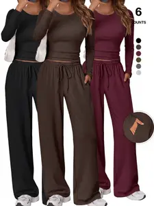 Women's 2 Piece Matching Lounge Set, Long Sleeve Slightly Cropped Top & Wide-Leg Pants, Casual Sweatsuit for Comfortable Wear