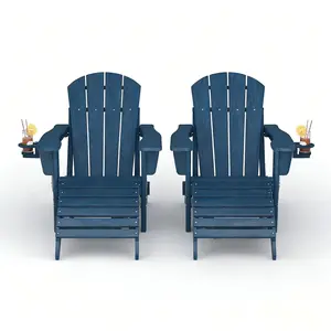 Folding Adirondack Chair Set of 2 with Ottoman, All-Weather HDPE Outdoor Chair, Wooden Textured with Cup Holder for patios, Decks, Gardens, fire pits, Navy Blue