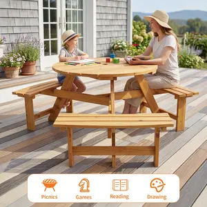 6 Person Wooden Picnic Table, Outdoor Picnic Tables with 3 Built-in Benches, Circular Camping Dining Table and Chairs Set with Umbrella Hole for Garden, Patio, Backyard