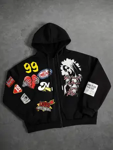 Vintage Graphic Printed Heavyweight Zip Up Hoodie for Men & Women - Baggy Loose Fit Streetwear Jacket with Multi-color Patches, Perfect for Skating, Concert Outfits, and Winter Layering