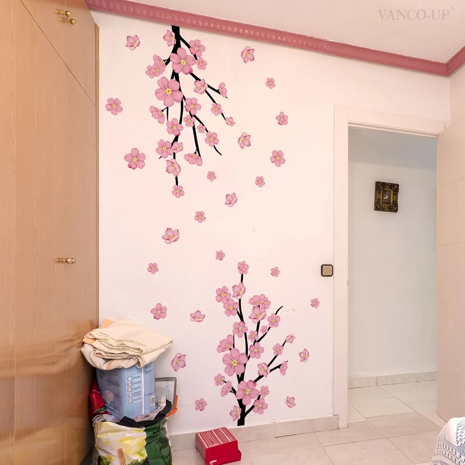 A set (30*90cm*2pcs) of pink peach tree wall stickers for bedroom, living room, bathroom background wall, wall sticker for beautification and decoration Decorative Sticker Decorative Decal Wall Art Stickers M18070