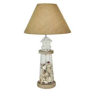21.5in Seashell-Filled Lighthouse Lamp - White & Grey w/ Burlap Shade for Beach Vibes