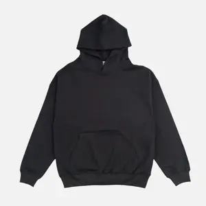 French Terry Hoodie - Jet Black, Oversized Drop Shoulder Fit, 100% Cotton, Big Front Pocket, Lint-Free Inside, Unisex Style, 410 GSM, Medium Size, Soft & Comfortable