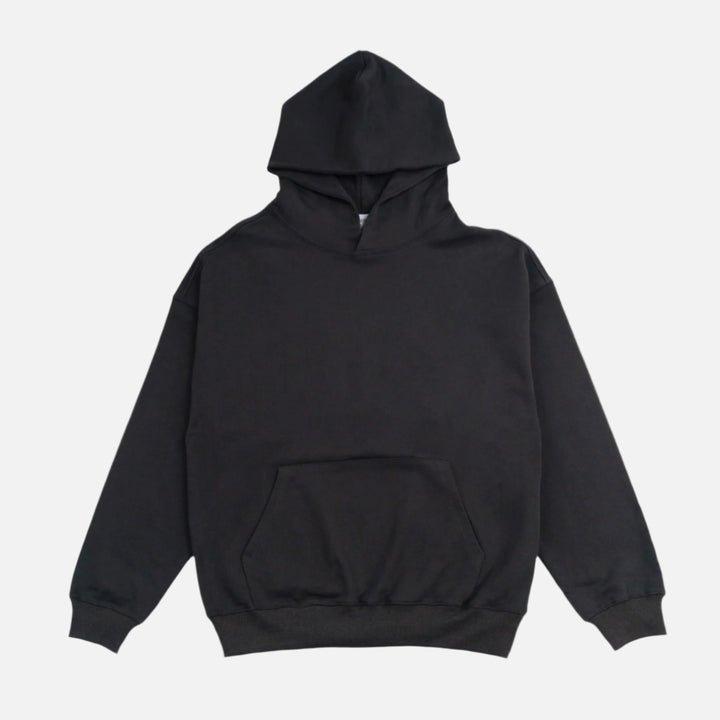 French Terry Hoodie - Jet Black, Oversized Drop Shoulder Fit, 100% Cotton, Big Front Pocket, Lint-Free Inside, Unisex Style, 410 GSM, Medium Size, Soft & Comfortable