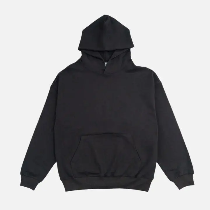 French Terry Hoodie - Jet Black, Oversized Drop Shoulder Fit, 100% Cotton, Big Front Pocket, Lint-Free Inside, Unisex Style, 410 GSM, Medium Size, Soft & Comfortable
