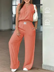 Two-Piece Set Women's Solid Color Tank Top & Wide Leg Pants, Casual Comfy Outfits for Daily Wear, Ladies Clothes for Spring & Fall, Suits