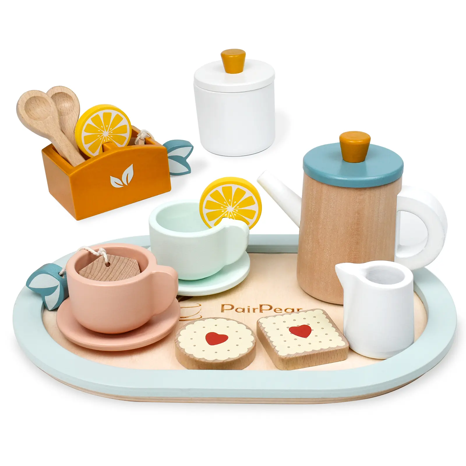 PairPear Wooden Tea Set for Little Girls, Wooden Toys Toddler Tea Set Play Kitchen Accessories for Kids Tea Party with Play Food