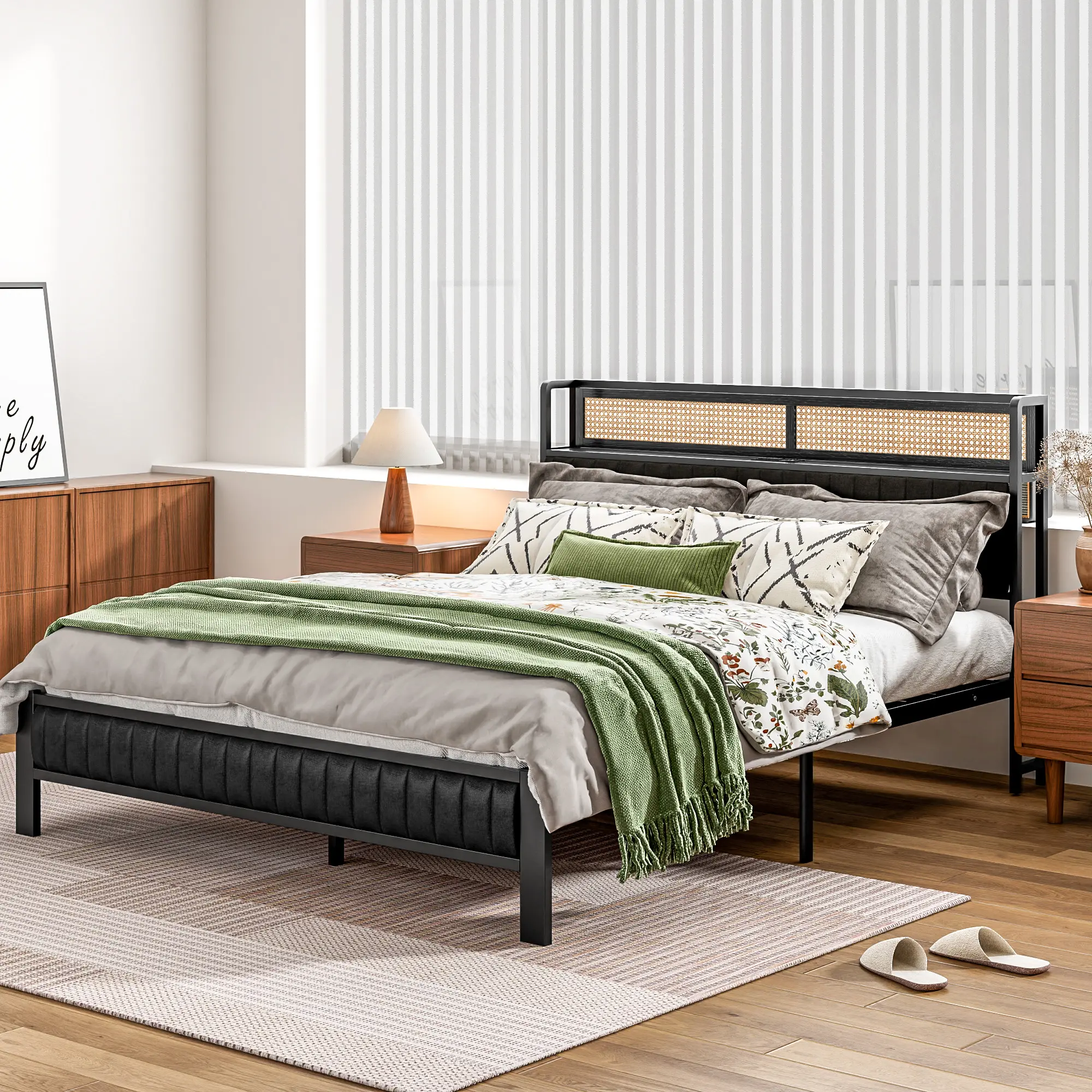 Soges Modern Metal Platform Bed Frame with Black Sand Texture Finish, Twin/Full/Queen Size, Upholstered Safety Edges, Built-in Charging Station, Durable Steel Tubing, MDF Slat Support, Space-Saving Design, Bedroom Furniture