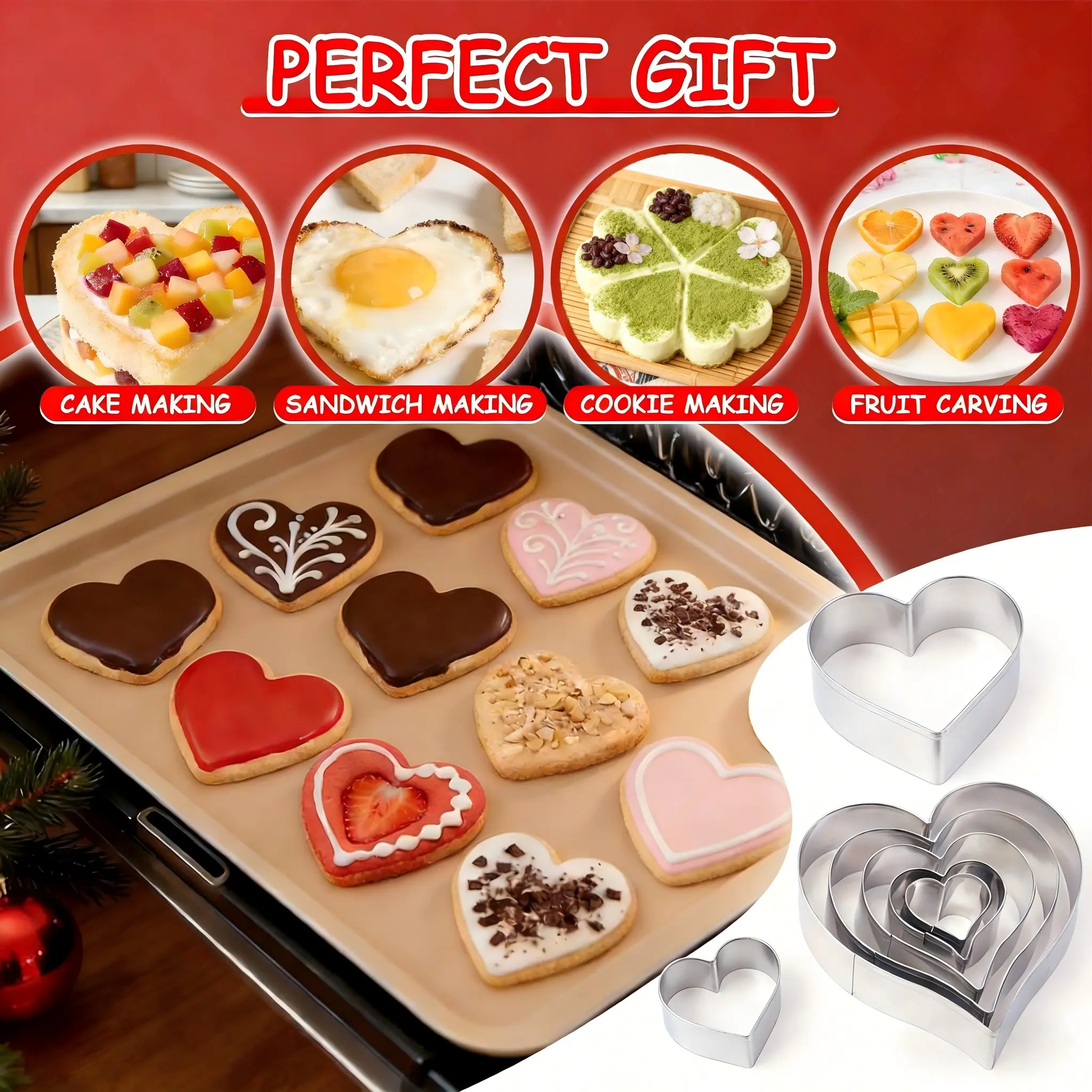 Heart Cookie Cutter Set, Stainless Steel Valentine Baking Molds for Biscuits & Sandwiches, Ideal for Valentine's Day, Weddings & Holiday Baking, Baking Tools, Bakeware, Baking Supplies & Kitchen Accessories